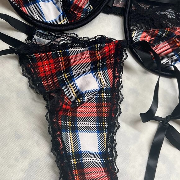 Coquette Plaid w/Ribbon Bra Set & Opaque Bk Thigh highs NWT Med - Picture 4 of 7